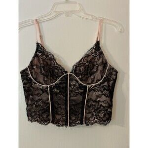 Black Lace Corset Bustier Pink Lining Top Baby Doll Coquette Lolita Sz S